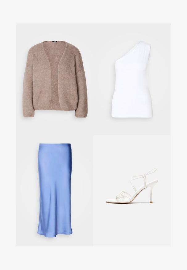 Cardigan beige in maglia con scollo a V, maniche ampie e design aperto. Texture morbida con un leggero motivo a maglia chunky.; Canotta bianca asimmetrica con design a spalla singola, realizzata in tessuto morbido, con silhouette aderente e bordi puliti.; Gonna midi in satin blu con una finitura liscia e lucente. Silhouette svasata, l'orlo curvato dolcemente, evidenziando il suo design fluido.; Sandalo alto con tacco bianco a strisce, con una base piatta per le dita, un frontale testurizzato con dettagli arricciati e una sottile cinghia alla caviglia.