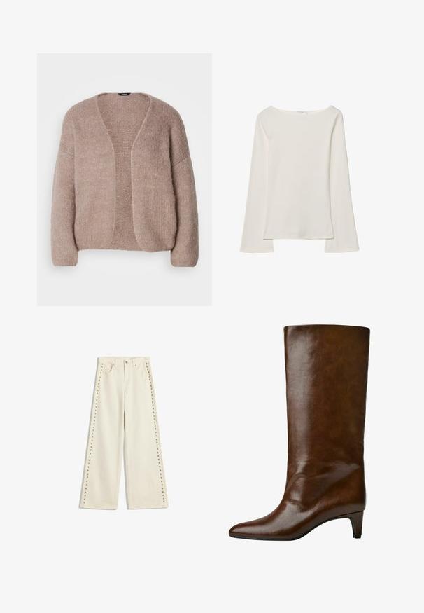 Beige knitted cardigan featuring a V-neck, wide sleeves, and an open front design. Soft texture with a slightly chunky knit pattern.; White long-sleeve top with a boat neckline. Made of soft material, features flared sleeves and a straight hem, offering a simple and versatile design.; Light cream wide-leg jeans featuring metal stud accents along the outer seams, five pockets, and a standard button fly closure.; Brown leather knee-high boot with a pointed toe and a tapered heel, featuring a smooth texture and simple design.