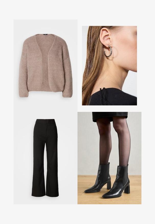 Beige knitted cardigan featuring a V-neck, wide sleeves, and an open front design. Soft texture with a slightly chunky knit pattern.; Black tank top made from soft, stretchy fabric. Features a round neckline and wide shoulder straps, with a fitted silhouette and smooth texture.; Black wide-leg trousers with a smooth texture, high waist, and a clean design. No visible pockets or embellishments.; Black leather ankle boots with a pointed toe, chunky square heel, and sleek design. Features elastic side panels for easy wear.; Silver hoop earring with a polished finish, featuring small gold accent details and a round shape, worn on the lobe.