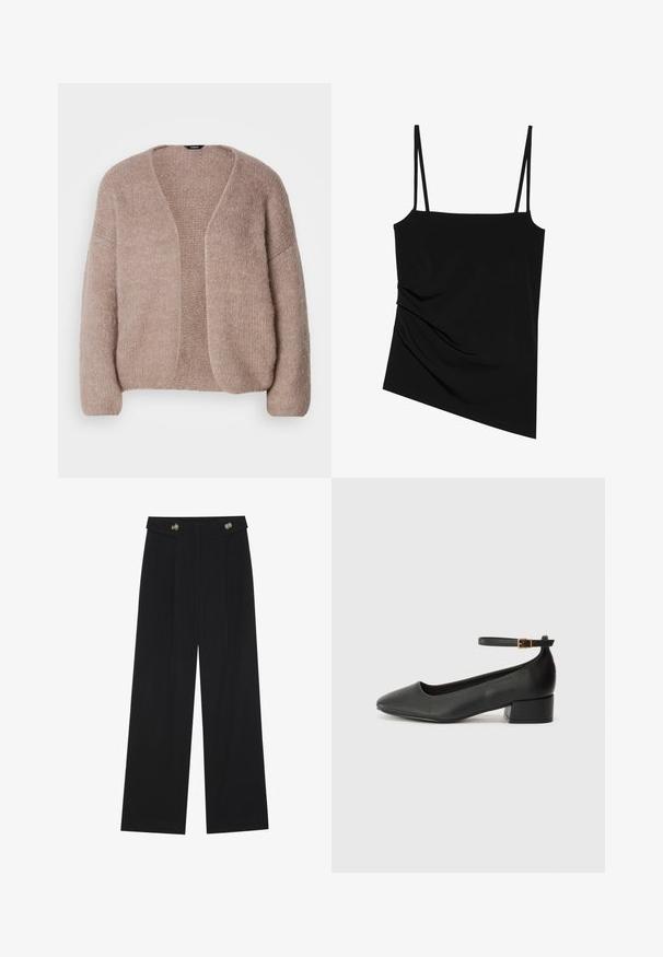 Beige gestrickte Strickjacke mit V-Ausschnitt, weiten Ärmeln und offenem Design. Weicher Stoff mit einem leicht groben Strickmuster.; Schwarzes, ärmelloses Oberteil mit dünnen Trägern; hat ein drapiertes Design auf einer Seite und eine glatte Textur; aus dehnbarem Stoff gefertigt.; Schwarze weite Hosen mit hoher Taille, Knopfdetails am Bund und vorderen Falten.; Schwarze Lederpumps mit spitzem Zehenbereich und niedrigem Blockabsatz. Mit einem Knöchelriemen und einer goldfarbenen Schnalle. Glatte Textur.