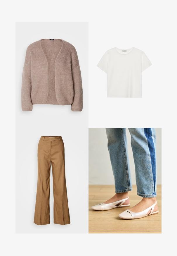 Cardigan beige in maglia con scollo a V, maniche ampie e design aperto. Texture morbida con un leggero motivo a maglia chunky.; T-shirt bianco a maniche corte realizzato in morbido cotone. Presenta un collo rotondo e una vestibilità comoda. Design pulito senza modelli o dettagli visibili.; Pantaloni larghi marroni realizzati in tessuto leggero. Caratterizzati da un davanti piatto, passanti per la cintura e una silhouette sartoriale con taglio alla caviglia.; Ballerine slingback rosa pallido con punta affusolata, realizzate in un materiale simile alla pelle liscio. Presentano dettagli a taglio sui lati e un tacco piatto.