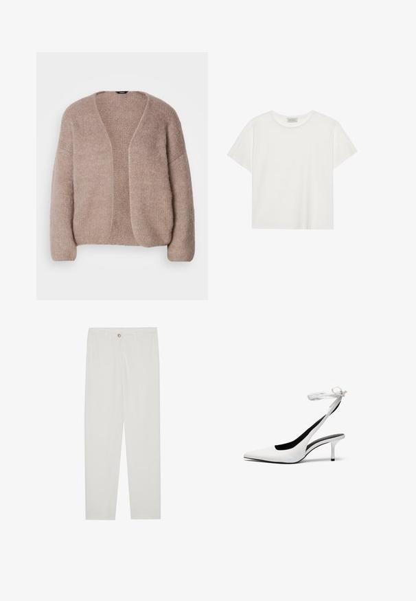 Bež pleteni kardigan z V-izrezom, širokimi rokavi in odprtim sprednjim delom. Mehak videz s rahlo debelim pletenim vzorcem.; Bela kratkotrajna majica s kratkimi rokavi, narejena iz mehke bombažne tkanine. Ima okroglo ovratnico in sproščen kroj. Čist dizajn brez vidnih vzorcev ali akcentov.; Bela, krojena hlače z ravnimi nogami, ki vključujejo gumbasto zapiranje, zanke za pas in stranske žepe; gladka tekstura tkanine.; Bele stiletto sandale z odprtim nosom in tankim zapenjanjem okoli gležnja. Gladek usnjen material, tanki stiletto pete in črna notranja podloga.