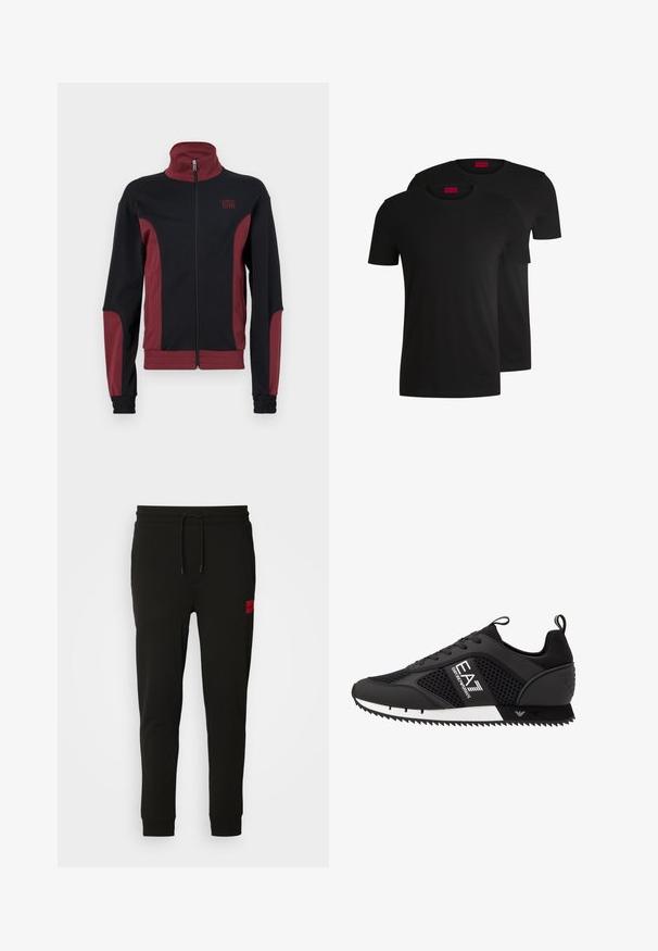 Čierna a burgundská športová bunda s vysokým golierom, plným zipsom, textúrovanou tkaninou a elastickými manžetami. Obsahuje logo na hrudi.; Dvé čierne bavlnené tričká s krátkymi rukávmi a okrúhlym výstrihom. Obe majú červenú značkovú nálepku na výstrihu. Jednoduchý, klasický dizajn.; Čierne tepláky vyrobené z mäkkého materiálu, s nastaviteľným pásom, slim fit strihom a červeným logom na ľavom stehne.; EA7 Emporio Armani LACES UNISEX - Tenisky - black/white
