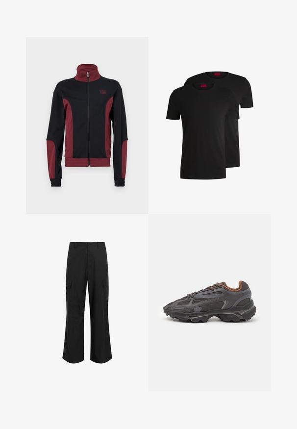 Juoda ir burgundiška sportinė striukė su aukštu apykakle, pilnu užtrauktuku, tekstūruotu audiniu ir elastiniais rankogaliais. Ant krūtinės yra logotipo detalė.; Dvi juodos medvilnės marškinėliai su trumpomis servetėlėmis ir apvaliu kaklu. Abu turi raudoną prekės ženklo etiketę kaklo srityje. Paprastas, klasikinis dizainas.; Juodi cargo kelnės, pagamintos iš lengvos medžiagos, turinčios laisvą siluetą, dvi dideles šonines kišenes ir mygtuko užsegimą.; Lacoste sportbačiai tamsiai pilki, pagaminti iš tinklinės ir sintetinių medžiagų, su tekstūruotu padu ir rudomis detalėmis ant apykaklės bei prekės ženklo.