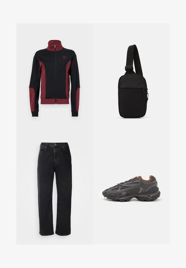 Black and burgundy athletic jacket with a high collar, full zip, textured fabric, and elastic cuffs. Features a logo on the chest.; Two black cotton t-shirts with short sleeves and crew necks. Both feature a red brand label at the neckline. Simple, classic design.; Black denim jeans with a straight cut, five pockets, and contrasting stitching. Features a button closure and belt loops on the waistband.; Lacoste sneakers in dark gray with mesh and synthetic material, featuring a textured sole and brown accents on the collar and branding.; Black crossbody bag made of durable fabric, featuring a single adjustable strap, a zippered main compartment, and a front pocket.