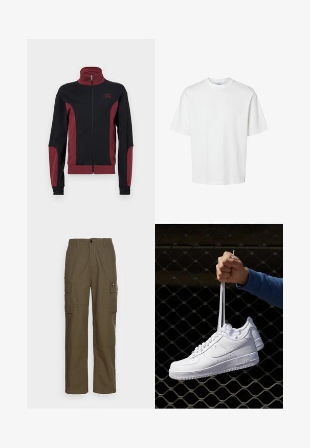 Fekete és bordó sportdzseki magas gallérral, teljes cipzárral, texturált anyaggal és elasztikus mandzsettákkal. A mellkason logó található.; Fehér pamut póló rövid ujjakkal, kerek nyakkivágással és laza szabással. Simább textúra, látható minták vagy kiegészítők nélkül.; Olajzöld cargo nadrág, tartós anyagból készült. Két oldalsó zsebe van, szabványos derékkal és egyenes fazonnal rendelkezik.; Fehér bőr sportcipők perforációval, kerek orral, lapos talppal és vastag fűzőkkel, látható swoosh logóval és "AIR" felirattal a sarokrészen.