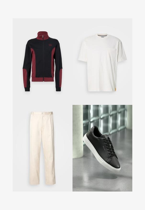 Crna i burgundska atletska jakna s visokim ovratnikom, punim zatvaračem, teksturiranom tkaninom i elastičnim manžetama. Ima logo na grudima.; Bijela pamučna majica s okruglim izrezom, kratkim rukavima i džepom na lijevoj strani prsnog koša. Sadrži malu oznaku s logotipom na bočnom šavu.; Bežaste pamučne hlače ravnog kroja s kopčanjem na dugme i plisiranjima sprijeda za dodatni detalj.; Crne kožne tenisice s bijelim gumena potplatom, okruglim prstima i vezanjem. Imaju glatku teksturu i suptilni brend na jeziku.