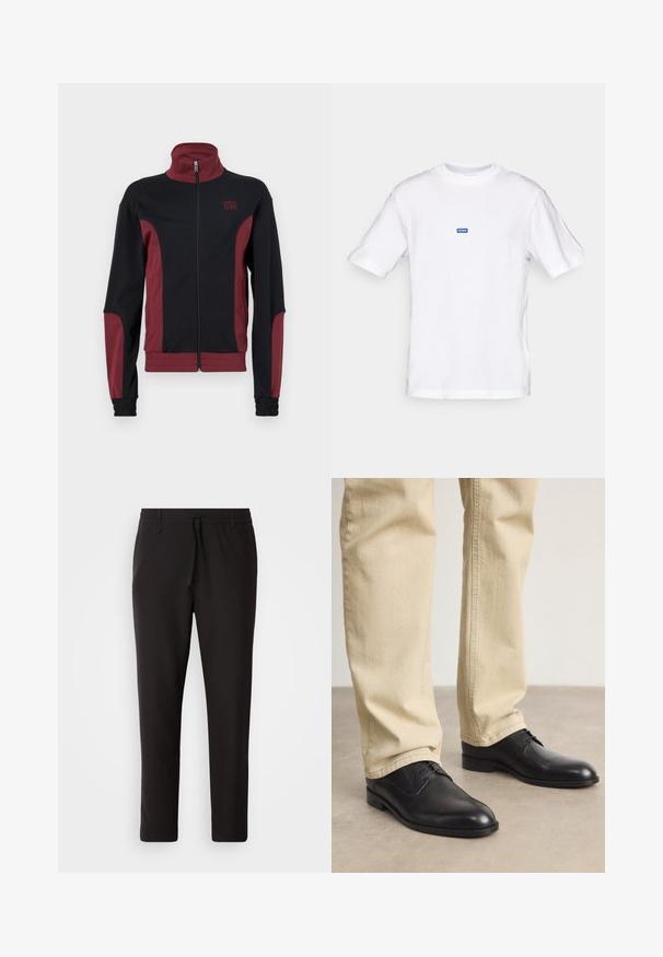 Zwarte en bordeauxrode sportjack met een hoge kraag, volledige rits, textuurstof en elastische manchetten. Heeft een logo op de borst.; Witte katoenen t-shirt met korte mouwen, ronde hals, en een klein blauw "HUGO" label op de bovenkant van de borst. Gladde textuur, klassieke pasvorm.; Zwarte joggingsbroek van gladde stof. Kenmerkt zich door een elastische tailleband met een trekkoord, taps toelopende benen en geen zichtbare zakken. Eenvoudig ontwerp.; Zwarte leren veterschoenen met een ronde neus, een gladde afwerking en subtiele stikdetails, gedragen met lichtbeige broeken.