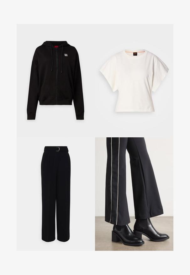 Melnā kapuce ar rāvējslēdzēju, izgatavota no mīksta materiāla, ar regulējamu kapuci, priekšējām kabatām un baltu logotipu kreisajā krūtī.; Balts īsais T-krekls, plašas īsas piedurknes, mīksts kokvilnas materiāls, apaļa kakla izgriezums ar delikātu oranžu apdari, minimāls dizains, bez rakstiem vai grafikām.; Melnas pielāgotas bikses ar plašu kāju siluetu, ar jostu ar sudraba sprādzi, krokām un gludu auduma faktūru.; Melnas ādas potīšu zābaki ar blokveida papēdi, aprīkoti ar elastīgām sānu paneļiem. Kombinēti ar melniem biksēm, kuru sānos ir baltas svītras.