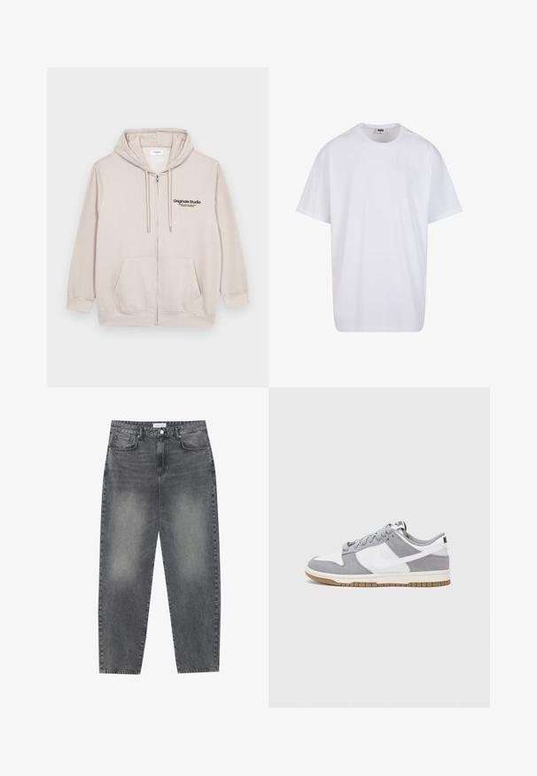 Lys beige hettejakke med glidelås laget av mykt materiale, med et frontlogo, to sidelommer og hette med snøring.; Hvit bomull t-skjorte med korte ermer, rund utringning, avslappet passform, og ingen synlige logoer eller mønstre. Glatt tekstur og minimalistisk design.; Høyt liv, løstsittende jeans i falmet svart denim. Har fem lommer, beltehemper og et rent, rett ben-design.; Grå og hvite sneakers med overdel i semsket skinn og lær, rund tå, flate lisser, og gummisåle med gummibelegg.