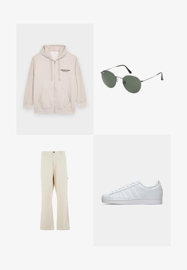 Šviesiai smėlio spalvos zip-up džemperis, pagamintas iš minkštos medžiagos, su priekinio logotipo, dviem šoninėmis kišenėmis ir reguliuojama kapuce.; Juodas medvilnės marškinėliai su apvaliu iškirpimu, trumpomis rankovėmis ir tiesiu apatine dalimi. Lygus paviršius; paprastas, nepuošnus dizainas.; Kreminės plačios kelnės, pagamintos iš medvilnės mišinio su mygtuko užtrauktuku. Turi šonines kišenes ir subtilią tekstūrą. Matoma siūlių detalizacija.; Balti odiniai sportbačiai su tekstūruotu guminio galiuko apvalkalu, trimis šoninėmis juostelėmis ir paminkštintu apykakle. Plokščios baltos raišteliai ir minimalistinis dizainas.; Metaliniai akiniai su ovaliais žaliais lęšiais. Plonas sidabro spalvos metalinis rėmas ir juodi ausų laikikliai. Minimalistinis dizainas, be matomų logotipų.