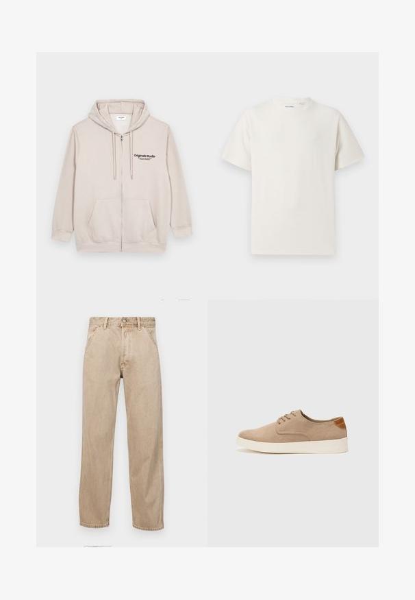 Haut à capuche zippé beige clair en matériau doux, arborant un logo sur le devant, deux poches latérales et une capuche avec cordon de serrage.; T-shirt blanc à manches courtes en texture côtelée. Encolure ronde, coupe décontractée, sans motifs ni accents visibles. Design simple et polyvalent.; Jeans en denim beige avec une coupe droite, dotés de poches avant, d'une fermeture à bouton en métal et d'une texture subtile.; Baskets en daim beige avec un embout arrondi, un laçage sur le devant et un accent texturé à l'arrière. La semelle en caoutchouc blanche offre un contraste. Design simple et moderne.