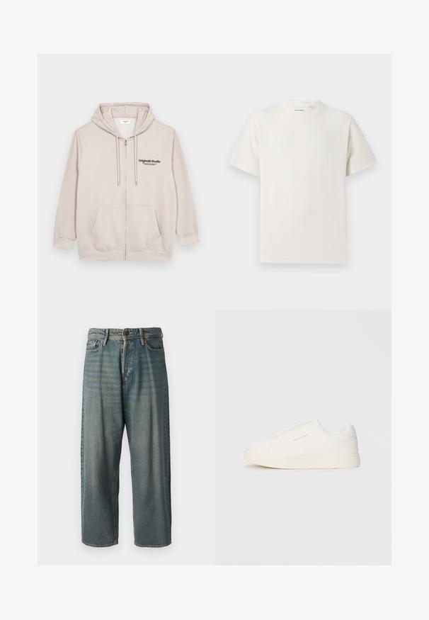 Svetlo bež zip-up kapuca iz mehke tkanine, ki vsebuje sprednji logotip, dva stranska žepa in kapuco z vrvico.; Bela majica s kratkimi rokavi iz rebraste tkanine. Okrogli izrez, sproščen kroj, brez vidnih vzorcev ali naglasov. Preprosta in vsestranska zasnova.; Svetlomoderne kavbojke z ohlapnim krojem, srednjim pasom in ravnimi nogami. Imajo pet žepov, zanke za pas in zapiranje na gumb.; Bele zapete brez vezalk z teksturirano površino, debelim podplatom in minimalističnim dizajnom. Na strani se nahaja logotip blagovne znamke.