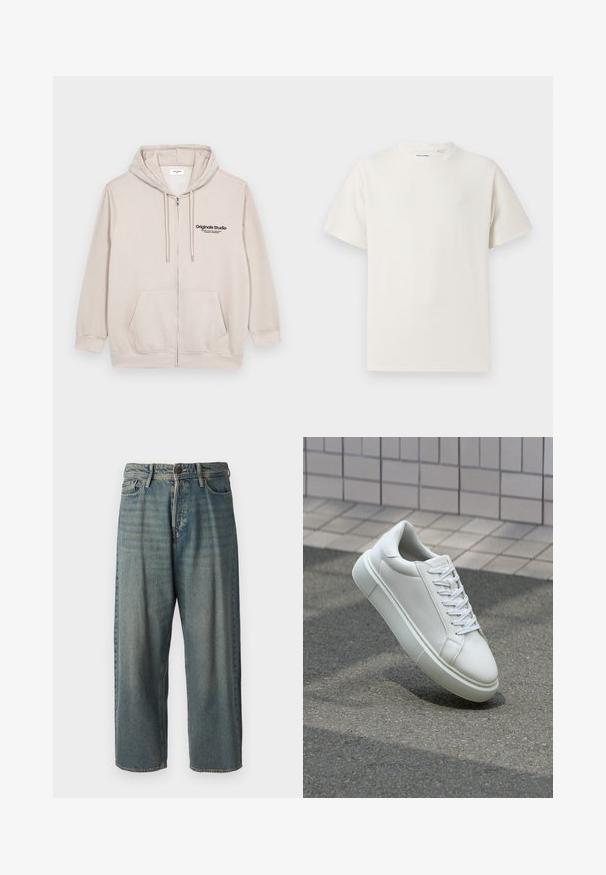 Light beige zip-up hoodie made of soft material, featuring a front logo, two side pockets, and a drawstring hood.; White short-sleeve T-shirt in a ribbed texture. Round neckline, relaxed fit, no visible patterns or accents. Simple and versatile design.; Light blue denim jeans with a loose fit, mid-rise waist, and straight legs. Features five pockets, belt loops, and a button closure.; White leather sneaker with a smooth surface, round toe, and flat white laces. Features a textured rubber sole and minimal design elements.