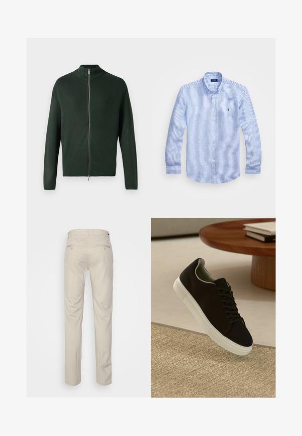 Maglione zip-up verde scuro con colletto alto, realizzato in tessuto morbido, con zip argento e maniche lunghe. Design semplice e minimalista.; Camicia a maniche lunghe a righe bianche e blu in cotone, con colletto button-down, bottoni frontali e un piccolo logo ricamato sul petto.; Pantaloni beige con una texture liscia, taglio dritto, due tasche posteriori con bottoni e vita standard.; Sneaker nero con suola bianca che flotta sopra un tappeto beige testurizzato vicino a un tavolo rotondo in legno con libri impilati.