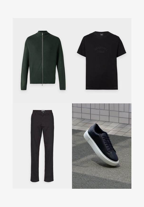 Temno zelena zip-up jopica z visokim ovratnikom, izdelana iz gladkega materiala, s srebrnim zadrgo in dolgimi rokavi. Preprost, minimalističen dizajn.; Črna bombažna majica s kratkimi rokavi in okroglo izrezom. Na sprednjem delu je v tonečih črkami embosirano "ORIGINALS Studio".; Črne bombažne hlače s ravnim krojem, z zapiranjem na gumb spredaj in stranskimi žepi. Gladka tekstura in minimalno podrobnosti.; Črne usnjene superge z zaobljenim prstom in belim gumijastim podplat. Imajo ravne vezalke in minimalno šivanje na zgornjem delu. Teksturirani podplat za oprijem.