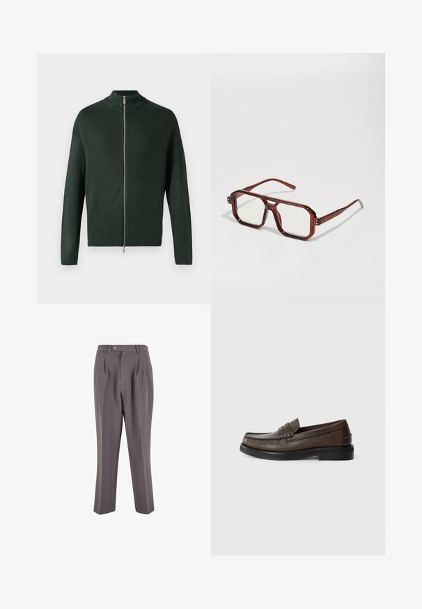 Mörkgrön zip-up tröja med hög krage, tillverkad av glatt tyg, med en silverdragkedja och lång ärm. Enkel, minimalistisk design.; Två kortärmade t-shirts med rund halsringning, en svart och en vit, tillverkade av mjukt bomullsmaterial med ribbat mönster. Klassisk passform.; Grå plisserade byxor i slät tyg, med rak bendesign, en enkel knappstängning och sneda sidofickor.; Brun läderloafer med sydd detalj på tån, platt sula och låg klack. Slät textur med minimalistiska designelement.; Bruna transparenta överdimensionerade glasögon med rektangulära linser och smala armar. Vinklade, något rundade hörn och synliga hårdvaruackenter.; Silver metall klocka med en borstad blå urtavla, vita timmarkörer och en datumvisning. Har ett länkande metallarmband och varumärkeslogotyp.