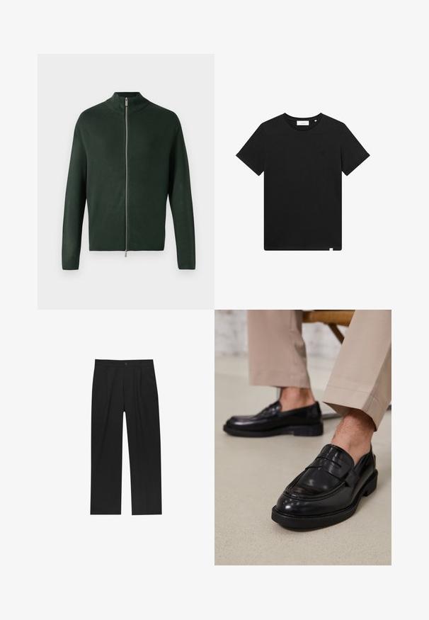 Temno zelena zip-up jopica z visokim ovratnikom, izdelana iz gladkega materiala, s srebrnim zadrgo in dolgimi rokavi. Preprost, minimalističen dizajn.; Črn kratkolasasti T-majica iz bombaža z okroglim izrezom in majhnim logotipom vezenim na prsih. Gladka tekstura, standardna prileganja.; Črne hlače z ravnim krojem, narejene iz gladkega materiala. Imajo sprednje gube in enojno zaponko na pasu.; Črne usnjene loafer čevlje z gladko površino, ki imajo okrasno zaponko in kontrastno šivanje, v kombinaciji s bež hlačami.