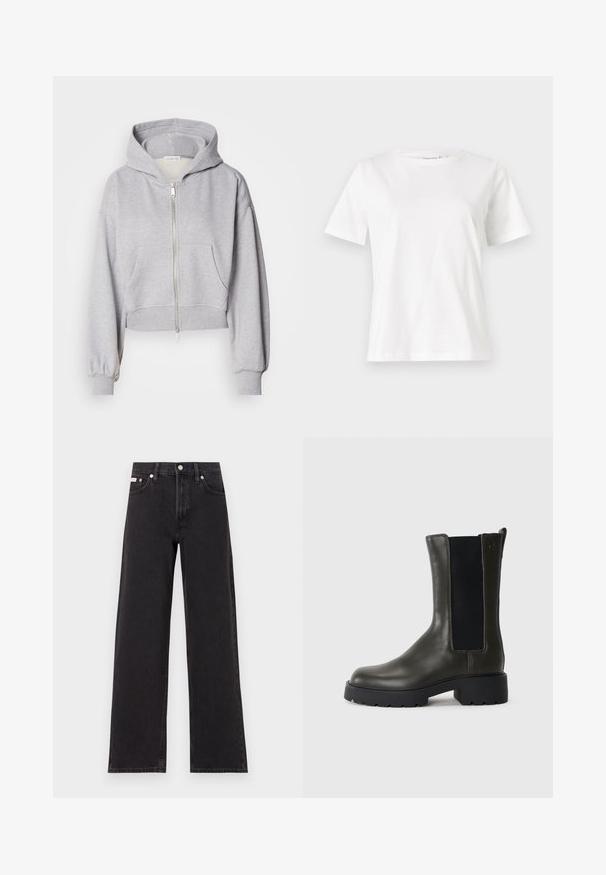 Cropped gray hoodie made of soft fabric, featuring a zip front, large hood, and two front pockets with elastic cuffs.; White cotton t-shirt with short sleeves, round neckline, and a relaxed fit. Smooth texture, no patterns or accents, minimalistic design.; Black wide-leg jeans made of denim, featuring a high-rise waist, five-pocket styling, and a metal button closure with contrasting stitching.; Green leather ankle boot with elastic side panels, rounded toe, and rubber sole. Features a textured finish and a block heel.