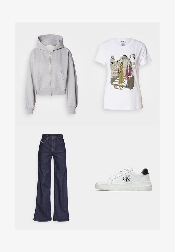 Felpa grigia accorciata realizzata in tessuto morbido, con zip frontale, grande cappuccio e due tasche frontali con polsini elastici.; T-shirt bianca in cotone con un'illustrazione stampata di due donne in stili di moda urbana con un cane su un attraversamento pedonale e edifici della città.; Jeans a gamba larga di denim blu scuro con vita alta, caratterizzati da cuciture arancioni, design a cinque tasche e chiusura con bottone.; Sneaker bassa bianca con tassello nero sul tallone, suola a piattaforma, lacci e logo "CK" di Calvin Klein sul lato.
