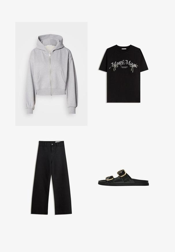 Felpa grigia accorciata realizzata in tessuto morbido, con zip frontale, grande cappuccio e due tasche frontali con polsini elastici.; T-shirt nera in cotone con la scritta "Mostly Magic" in bianco, decorata con perle. Maniche corte, vestibilità rilassata, collo a giro.; Pantaloni in denim neri a gamba larga con vita alta, dotati di tasche anteriori e posteriori, cuciture a punto, e chiusura con bottone. Texture liscia.; Infradito neri con due accenti di fibbia dorata, materiale dalla texture liscia, suola piatta e design minimalista.