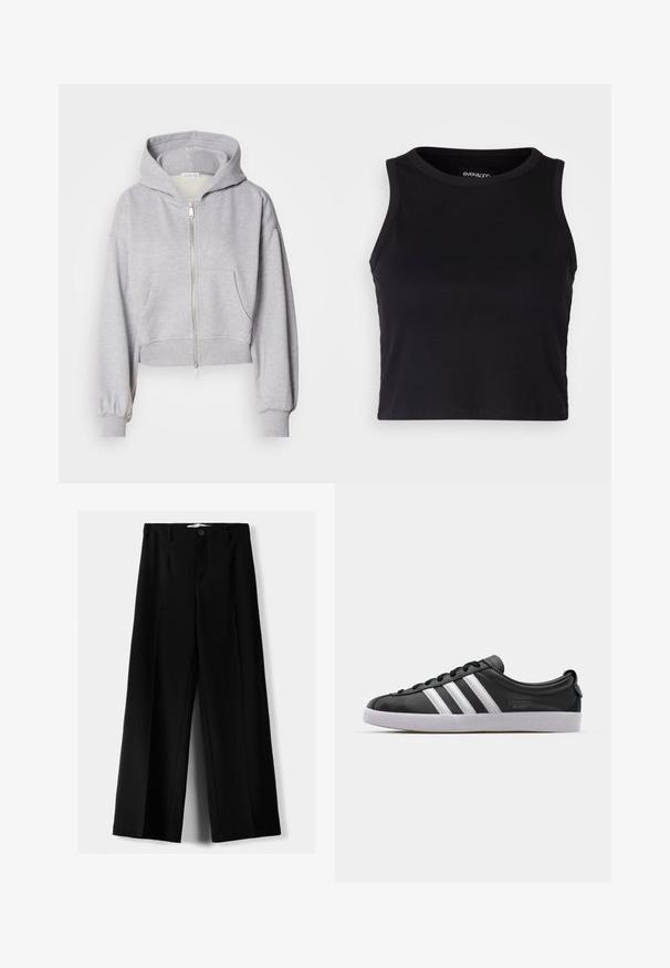 Felpa grigia accorciata realizzata in tessuto morbido, con zip frontale, grande cappuccio e due tasche frontali con polsini elastici.; Top corto a costine nero con scollatura rotonda e design senza maniche. Realizzato in tessuto morbido ed elastico, presenta bordi rifiniti con cura.; Pantaloni neri a gamba larga realizzati in tessuto leggero, caratterizzati da una chiusura frontale con bottone e frontale piatto, con orli cuciti con precisione.; Sneaker in pelle nera con design a tre strisce bianche, punta arrotondata, suola piatta in gomma bianca e dettaglio del marchio sul lato.