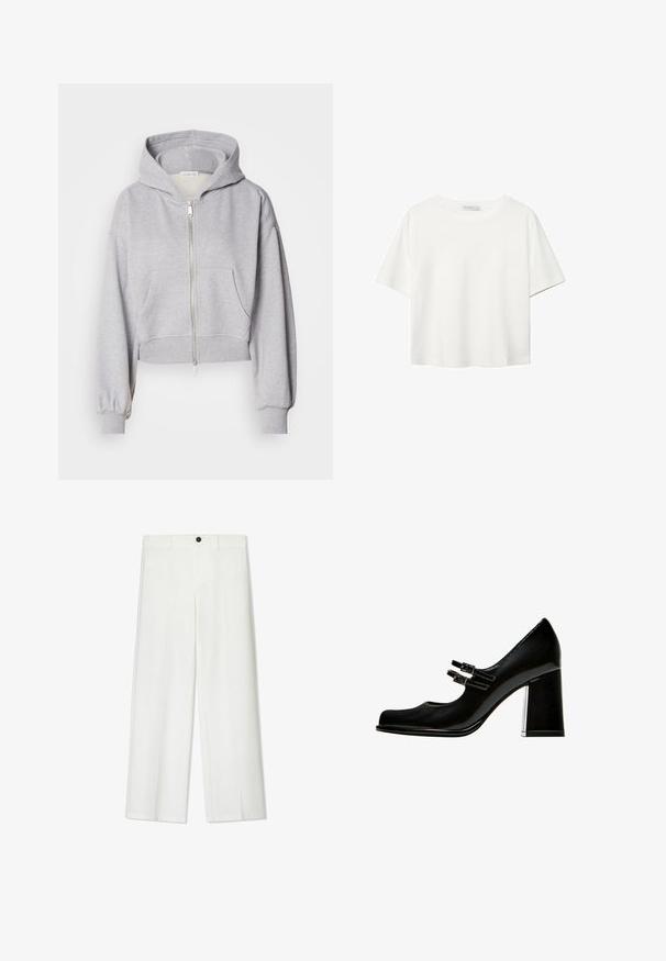 Kratka siva kapuca iz mehke tkanine, z zadrgo spredaj, veliko kapuco in dvema sprednjima žepoma z elastičnimi manšetami.; Bela kratka majica s kratkimi rokavi iz bombaža. Ima okroglo izrezovanje in sproščen kroj. Gladka tekstura brez vidnih vzorcev ali poudarkov.; Beli, široke hlače z gladko teksturo, ki imajo sprednji gumb in zankice za pas, zasnovane za sproščen kroj.; Črne lakirane usnjene visoke pete s zaobljenim nosom, dvema zaponkama in masivnim podplatom. Gladka površina z sijočim zaključkom.