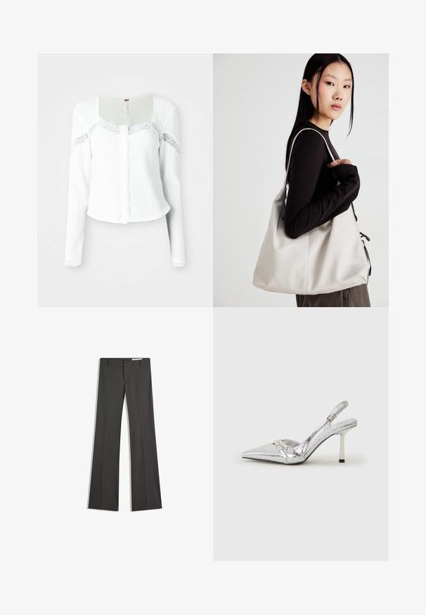 Biely kardigán s dlhými rukávmi vyrobený z textúrovaného materiálu, s čipkovými detailmi na ramenách a zapínaním na gombíky.; Súprava dvoch dlhých rukávov v bielej a čiernej farbe. Žebrovaná textúra, okrúhly výstrih, priliehavý strih s mierne rozšírenými rukávmi.; Sivé rozšírené nohavice z hladkej tkaniny, s plochým predným dielom, pútka na opasok a so strihom s čistými líniami.; Strieborné slingback lodičky na vysokom opätku s špicatou špičkou, metalickým povrchom, dvoma dekoratívnymi pruhmi a štíhlym opätkom s čiernym hrotom.; Béžová kabelka vyrobená z mäkkého materiálu, s uvoľneným dizajnom, prišitými detailmi a dvoma popruhmi na nosenie na pleciach. Vhodná na každodenné nosenie.