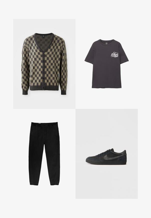 Cardigan a V con motivo a scacchi in varie tonalità di oliva e grigio scuro. Realizzato in materiale morbido e texturizzato con bottoni sul davanti.; T-shirt in cotone grigio con maniche corte, scollatura rotonda e testo stampato in bianco sul lato sinistro del petto. Tessuto morbido e vestibilità comoda.; Pantaloni neri con cintura elastica e coulisse, gamba affusolata, tasche laterali e sottili dettagli di cucitura laterale. Tessuto in cotone morbido.; Sneaker nere in suede con profilo basso, suola in gomma, pannelli laterali testurizzati e logo Nike swoosh in tonalità. Stringate sul davanti, colletto imbottito.
