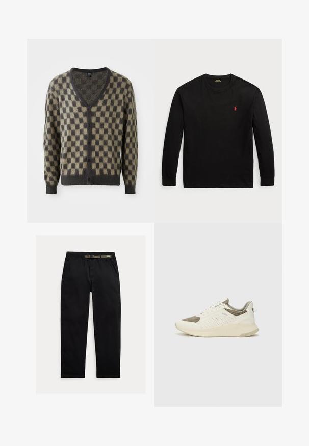 V-Ausschnitt Strickjacke im karierten Muster, versehen mit Oliv- und Dunkelgrautönen. Hergestellt aus weichem, strukturiertem Material mit Knöpfen an der Vorderseite.; Schwarzes Langarm-T-Shirt aus Baumwolle. Verfügt über einen Rundhals, gerippte Bündchen und ein kleines rotes gesticktes Logo auf der Brust. Glatte Textur.; Schwarze Hose aus leichtem Material, mit einem elastischen Bund und einem integrierten grünen Gürtel, geradem Beinabschluss und seitlichen Taschen.; Weiße und hellbeige Sport Sneakers, ausgestattet mit einem Obermaterial aus Netzgewebe, perforierten Details und einer strukturierten Zwischensohle mit Branding an der Ferse.