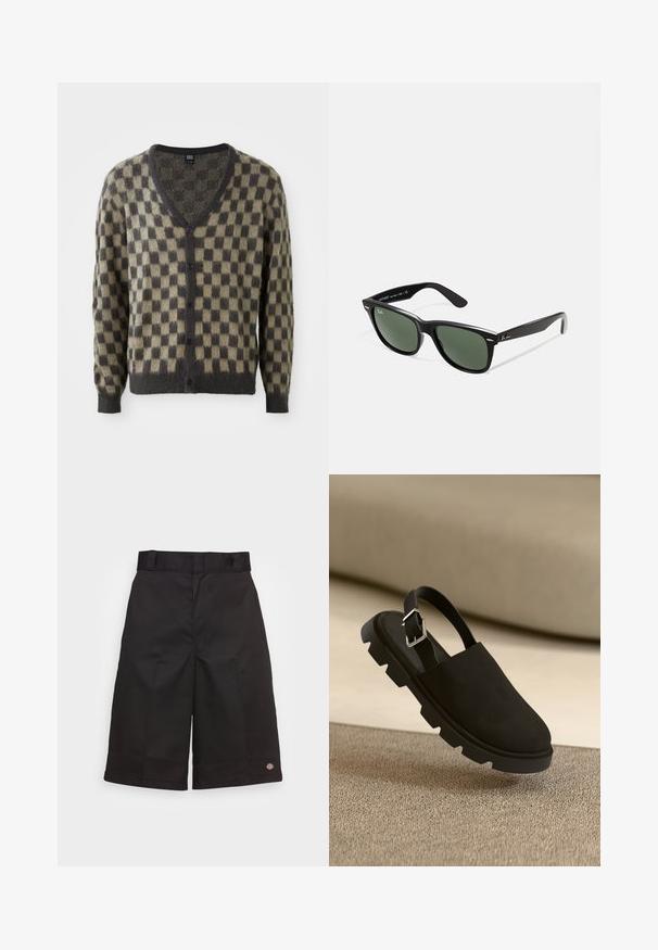 V-izrezani cardigan s kariranim vzorcem v odtenkih olivno zelene in temno sive. Narejen iz mehkega, teksturiranega materiala z gumbi spredaj.; Bela majica s dolgimi rokavi iz bombaža, z okroglo ovratnikom in ravnim robom. Gladka tekstura, preprost dizajn brez vzorcev ali dodatkov.; Črne bombažne kratke hlače s ravnim krojem, do kolen, z vidnim logotipom blagovne znamke na robu in gladko teksturo.; Črne semiš slingback čevlje z debelim, teksturiranim podplatom in srebrno zaponko. Eleganten dizajn z minimalističnim stilom, ki lebdi nad teksturirano površino.; Črne plastične sončna očala z zelenimi lečami, kvadratni okvirji, srebrni detajl na obrvi in teksturirani ročaji. Blagovna znamka navedena na notranji strani ročaja.