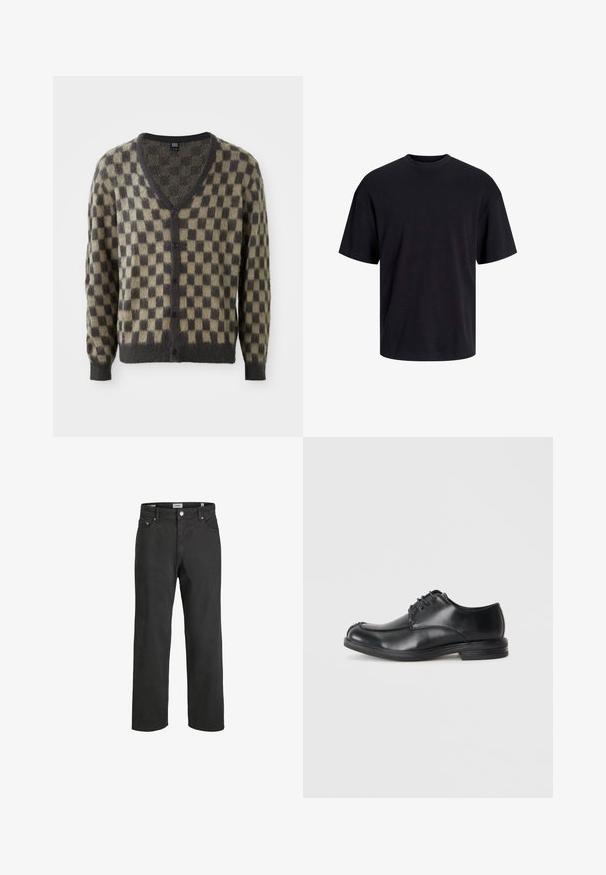 V-hals cardigan in een geruit patroon met tinten olijfgroen en donkergrijs. Gemaakt van zacht, gestructureerd materiaal met knopen aan de voorkant.; Zwarte katoenen t-shirt met een ronde halslijn, korte mouwen en een relaxte pasvorm. Glad textuur en geen zichtbare patronen of accenten.; Zwarte rechte jeans van katoen, met een klassieke vijf-pocketontwerp, knoopsluiting en subtiele stiksels.; Zwarte leren veterschoenen met een ronde neus, een gladde textuur en een lage hak. Kenmerkt zich door stiksel details langs de bovenkant en zijkanten.