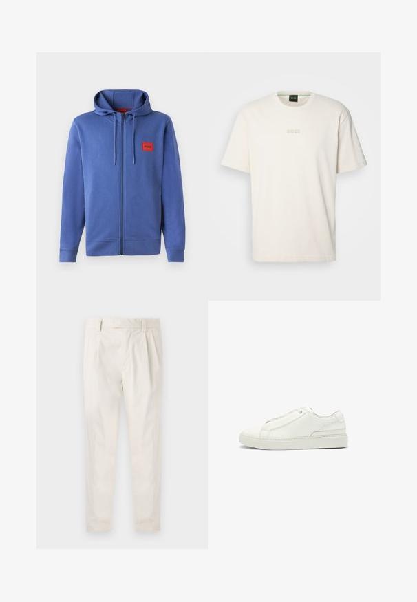 Blue zip-up hoodie with a hood, made from a soft material. Features red logo patch on the chest and ribbed cuffs and hem.; BOSS TEE - Basic T-shirt - open white; White, pleated trousers with a tailored fit, featuring a smooth texture, belt loops, and tapered legs. No visible pockets or patterns.; White leather sneaker featuring a textured upper, a round toe, minimalistic design, and a rubber sole with stitched detailing.