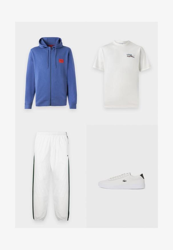 Blå hettegenser med glidelås, laget av et mykt materiale. Har en rød logo-lapp på brystet og ribbestrikkede mansjetter og nederkant.; Hvit bomull T-skjorte med rund hals, korte ermer, og en liten brodert logo med fjell og tekst på venstre bryst.; Hvite joggebukser med mørkegrønne sidelommer. Lett materiale, elastisk midje og mansjetter ved buksebenene. Har mesh-struktur på sidene.; Hvit lær sneakers med rund tå, snøring foran og svart hælakkent. Har en liten brodert krokodillelogo på siden.