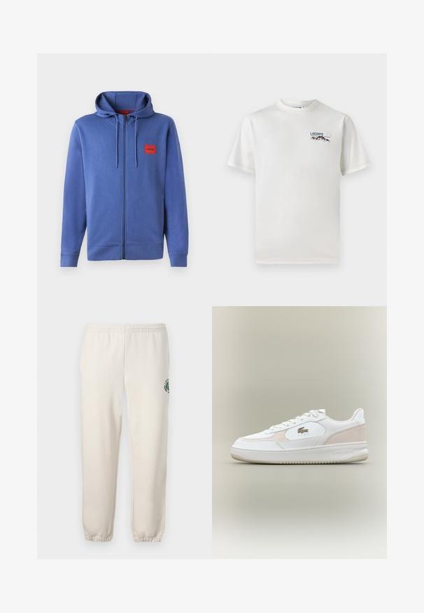 Plava zip-up dukserica s kapuljačom, izrađena od mekanog materijala. Ima crvenu logomarku na prsima te rebraste manžete i rub.; Bijela pamučna majica s okruglim izrezom, kratkim rukavima i malim izvezenim logotipom koji prikazuje planine i tekst na lijevoj strani grudi.; Svijetlosmeđi dukserici napravljeni od pamuka, s elastičnim pojasom, rebrastim manžetama i zelenim logotipom s dizajnom lista na lijevoj nozi.; Bijele tenisice s glatkom kožnom gornjom stranom, akcentima od antilopa i gumeni potplat. Sadrže istisnuti logo i dizajn s vezicama. Minimalistički estetski.