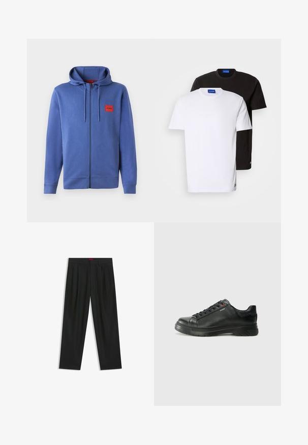 Felpa blu con zip e cappuccio, realizzata in un materiale morbido. Presenta un logo rosso sul petto e polsini e orlo a costine.; Due magliette impilate: una bianca e una nera. Maniche corte, scollature rotonde, tessuto di cotone. Presentano un piccolo logo blu sul colletto.; Pantaloni neri con un design plissè, forma a gamba larga e texture liscia. Presentano un'etichetta rossa in vita.; Sneaker nera in pelle con superficie testurizzata, collo imbottito e dettaglio logo rosso. Presenta una suola in gomma spessa con un motivo di battistrada distintivo.