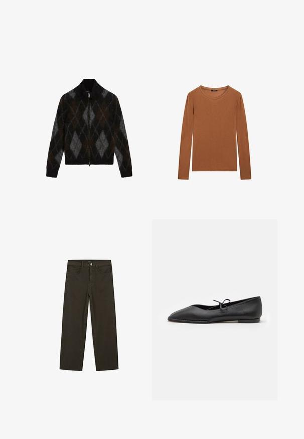 Zippovaná mikina v černé, antracitové a hnědé barvě s argyle vzorem. Vyrobena z texturovaného pleteného materiálu, s vysokým límcem.; Massimo Dutti WITH NECKLINE DETAIL - Top s dlouhým rukávem - ochre; Tmavě zelené široké džínsy vyrobené z bavlněné směsi, s předním zapínáním na knoflík, pěti kapsami a klasickým denimovým stehem.; ALOHAS SWAY - Klasické baleríny - black