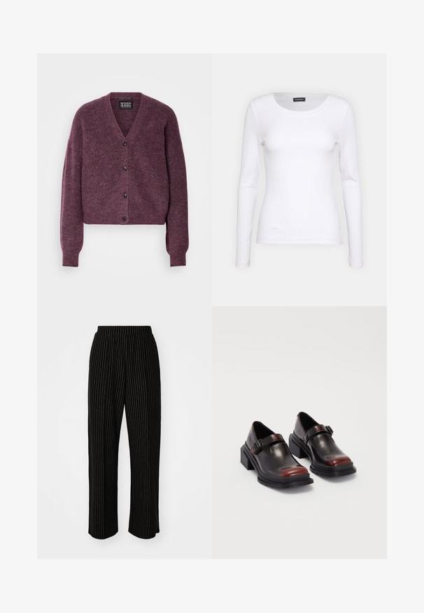 Scotch & Soda FUZZY RELAXED CARDIGAN - Kardigan - berry melange; Valge soonikuline pikkade varrukatega pluus ümmarguse kaelusega. Valmistatud venivast kangast, mis kehale siledalt ümber läheb. Omab peeneid horisontaalseid jooni.; Mustad, laiad püksid valgete vertikaalsete triipudega, millel on mugav elastne vöökoht ja sile, pehme tekstuur.; Nahkased blokeeritud kontsaga kingad, millel on läikiv tume burgundi värv, koos pannalalusega ja ümarate sõrmedega disainiga. Struktuurne välistald haarde jaoks.