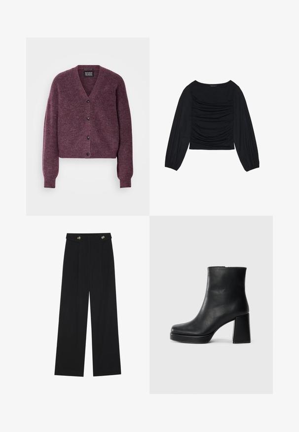 Scotch & Soda FUZZY RELAXED CARDIGAN - Cardigan - berry melange; Black long-sleeve top featuring gathered fabric detail at the front and wrists, made of soft, stretchy material with a boat neckline.; Black wide-leg trousers with high waist, button details on waistband, and front pleats.; Black leather ankle boot with a block heel and platform sole, viewed from the side on a plain white background.