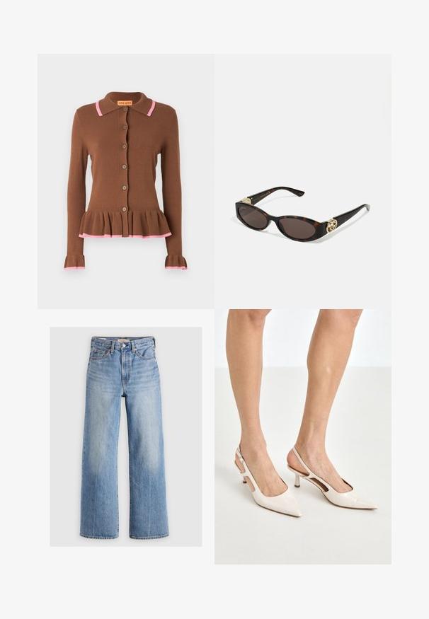 Hnedý kardigán s rozšíreným peplum lemom, ružovými rebrovanými akcentmi na golieri a manžetách a okrúhlymi gombíkmi na prednej strane. Mäkká pletená textúra.; Modrá a biela pruhovaná košeľa s dlhým rukávom, s golierom na zapínanie, kontrastnými manžetami a malou emblematickou nášivkou na hrudi.; Svetlomodré rifľové nohavice s voľným strihom a vysokým pásom, so zafarbenými obdobiami, piatimi vreckami a kontrastným švom. Klasické zapínanie na gombík a zips.; Bežové lakované lodičky na podpätku so špicatou špičkou a 5 cm podpätkom, s výrezmi po stranách a tenkým remienkom okolo členka.; Slnkové okuliare v korytnačkovom dizajne s predĺženými oválnymi šošovkami, hnedým tónovaním, zlatými logovými akcentmi na spánkoch a elegantnými čiernymi ramenami.