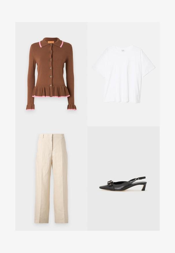 Cardigan castanho com uma saia peplum rodada, detalhes em malha rosa às voltas do colarinho e punhos, e botões redondos na frente. Textura de malha suave.; T-shirt de algodão branco com mangas curtas, decote redondo, corte descontraído e bainha cosida. Etiqueta visível no interior do pescoço.; Calças de linho bege com um corte solto, frente plissada e pernas retas. Apresentam uma cintura com passantes para cinto e sem bolsos visíveis.; Sandal com correia preta em pele, com bico fino, pequeno salto e detalhe de fivela decorativa na parte superior. Textura suave, design minimalista.
