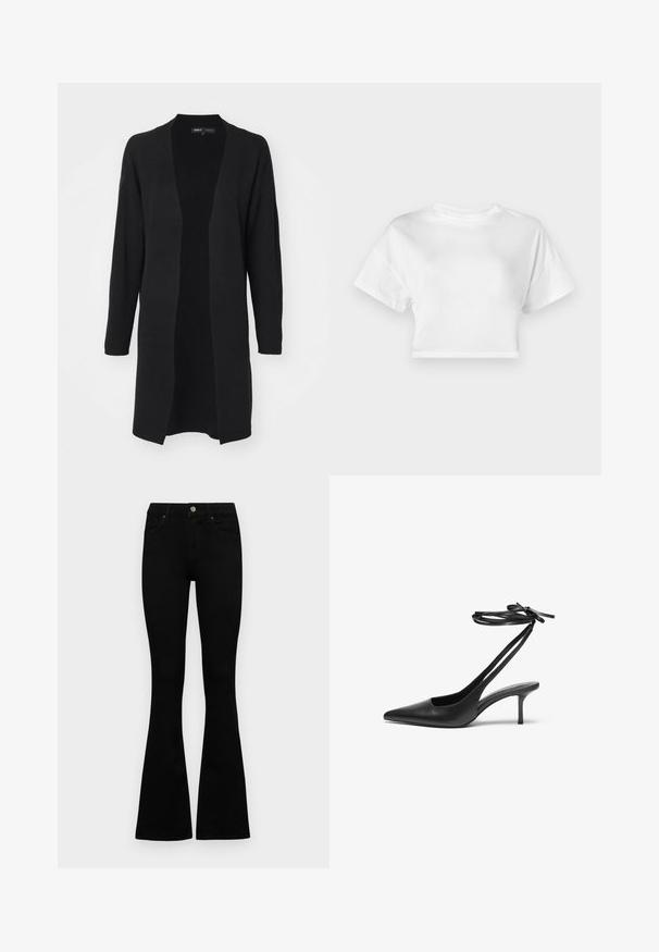 ONLY ONLFRIDA LIFE OPEN - Kardiganas - black; Balta trumpa medvilninė marškinėlių palaidinė. Trumpi rankovės, apvali iškirptė, lygus paviršius, kasdienis dizainas be raštų ar puošmenų.; Juodos aukšto liemens džinsai su mygtuku ir užtrauktuku, priekinėmis kišenėmis ir platėjančiomis kojomis, išdėstyti ant baltos fono.; Juodas odinis stiletto batelis su smailiu nosiu, atvira nugara ir užrištomis kulkšnies juostelėmis. Plonas 3 colių kulnas. Lygi tekstūra, minimalistinis dizainas.