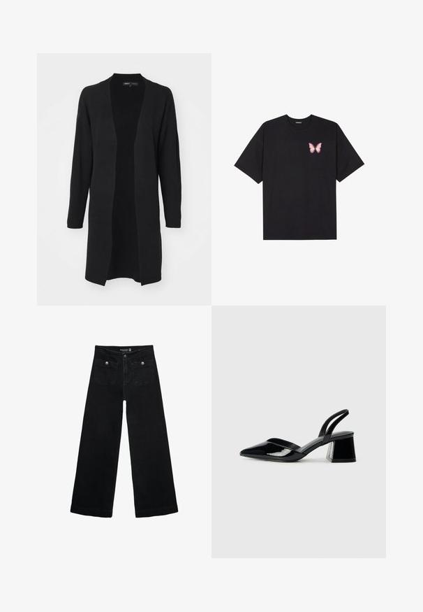 ONLY ONLFRIDA LIFE OPEN - Kardigán - black; Čierne bavlnené tričko s krátkymi rukávmi, s malým ružovým motýlikom na ľavej hrudi. Design s okrúhlym výstrihom a uvoľneným strihom.; Čierne široké nohavice s vysokým pásom, s dvoma prednými vreckami a kovovými detailmi na gombíku. Tkanina má hladkú textúru.; Čierne lakované kožené sandálové podpätky s špicatou špičkou a geometrickým blokovým podpätkom. Disponujú elegantným, minimalistickým dizajnom a hladkým povrchom.