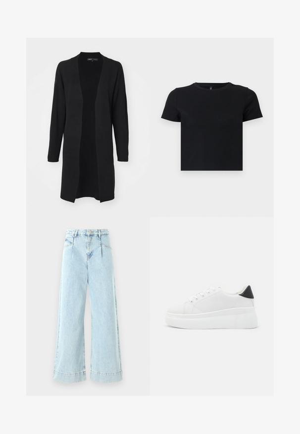 ONLY ONLFRIDA LIFE OPEN - Cardigan - black; Tricou negru cu mânecă scurtă, fabricat din bumbac moale. Dispune de un guler rotund și un design ajustat. Textură netedă, fără modele sau accente.; Blugi largi de culoare albastru deschis, din denim, cu talie înaltă, buzunare frontale și accente cusute la tiv.; Adidași albi cu platformă, fabricați din material sintetic neted, cu vârf rotund, design cu șireturi și talpă din cauciuc texturat. Accente negre la călcâi.