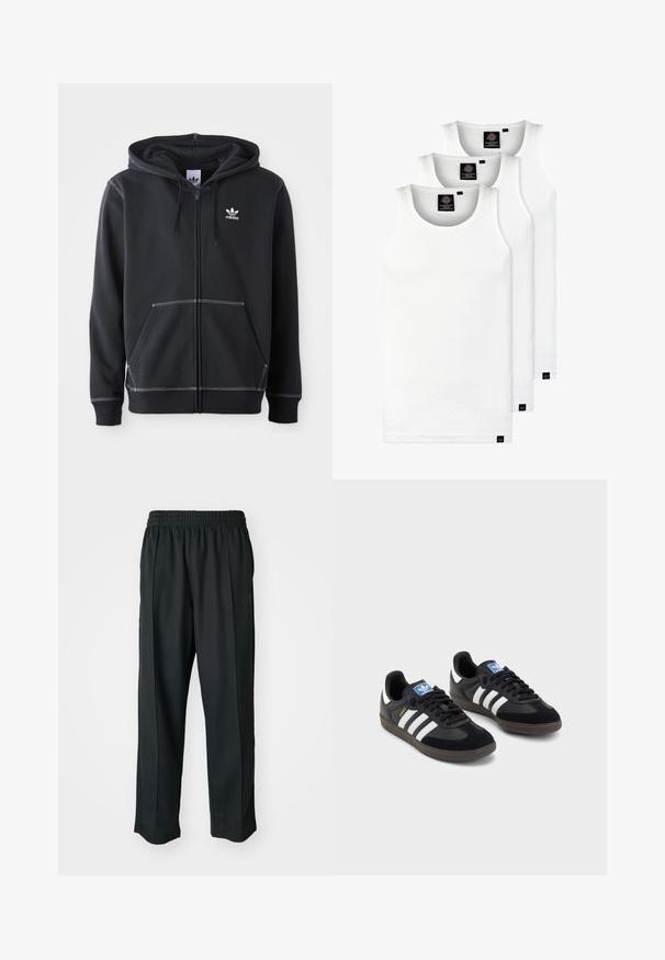 Svart hettejakke med glidelås laget av myk stoff, med en frontkangaroo-lomme, hvite sømdetaljer, og en liten hvit logo på brystet.; Tre hvite ribbestrikkede tank topper laget av bomull. Har en rund hals og små svarte etiketter nær kanten. Tilgjengelig i flere størrelser.; Sorte idrettsbukser med elastisk midje, laget av glatt stoff, med subtile sidesømmer og en avslappet passform, rett ben-design.; Svarte sneakers med overdel i semsket lær og syntetisk materiale, med tre hvite striper, strukturert gummisåle og blå logoetikett på tungen.