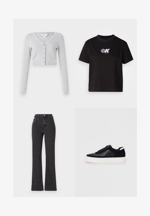 Szürke, rövidített kardigán, puha anyagból készült, V-nyakkivágással, hosszú ujjal, hat gombos záródással, és egy kis logós címkével az elején.; Fekete pamut póló, kerek nyakkivágással és rövid ujjakkal. A bal felső mellrészen fehér és rózsaszín "CK" logó található.; Fekete, magas derekú, trapéz fazonú farmernadrág, gombos záródással, övrésszel és oldalsó zsebekkel. Sima textúrájú, minimális kopással.; Fekete sportcipő sima bőrből és velúr panelekkel, lapos fűzőkkel, kerek orral és fehér gumi talppal. Megkülönböztető logó a sarkán.