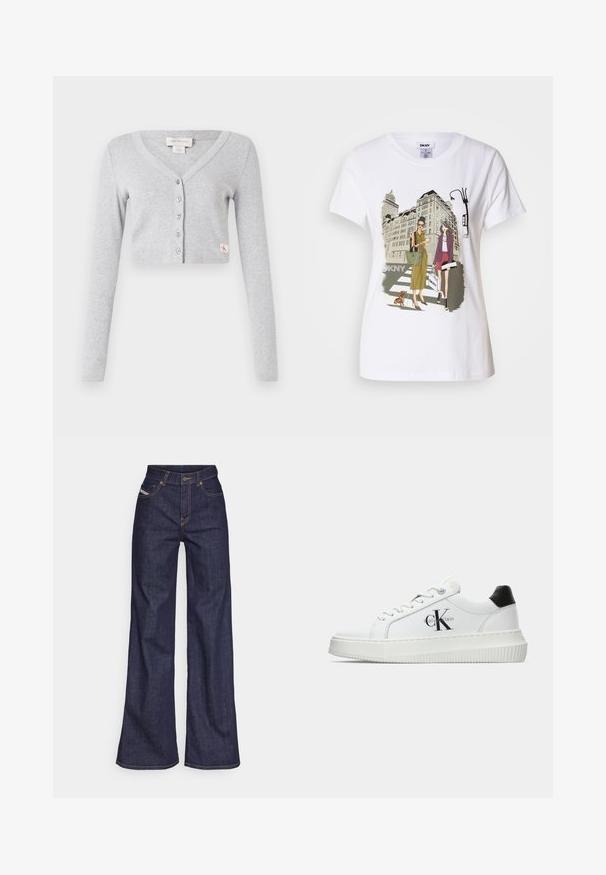 Šedý zkrácený kardigan vyrobený z měkké látky, s výstřihem do V, dlouhými rukávy, zapínáním na šest knoflíků a malou logovanou visačkou na přední straně.; Bílý bavlněný tričko s potiskem, který zobrazuje dvě ženy v městských módních stylech se psem na přechodu a městskými budovami.; Tmavě modré džíny s širokým střihem vyrobené z denimové tkaniny, s vysokým pasem, oranžovým prošíváním, pěti kapsami a zapínáním na knoflík.; Bílé nízké tenisky s černým patním tabem, platformovou podrážkou, tkaničkami a logem Calvin Klein "CK" na boku.