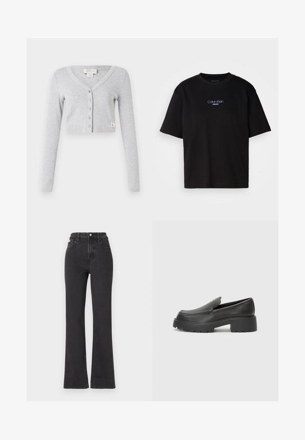 Gray cropped cardigan made of soft fabric, featuring a V-neck, long sleeves, six button closure, and a small logo tag on the front.; Black cotton t-shirt with a round neck, short sleeves, and blue embroidered "Calvin Klein JEANS" logo on the front.; Black high-waisted flared jeans made of denim, featuring a button closure, belt loops, and side pockets. Smooth texture with minimal fading.; Black leather loafers with a rounded toe, thick textured sole, and minimal stitching details. Sleek design with no visible laces or hardware.