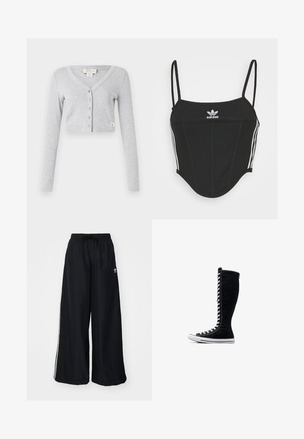 Hallide hallis lühikeste varrukatega kardigan pehmest kangast, millel on V-kaelus, pikad varrukad, kuus nuppe ja väike logotägitus ees.; Must mustriba top mustaks, reguleeritavate õhukeste kinnitustega, millel on külgedel kolm valget triipu ja keskel väike valge Adidas'i logo.; Mustad must laiad püksid, mis on valmistatud kergest kangast. Omavad elastset vöökohta tõmblukuga ja valget külgtriipu. Brändi logo puus.; Mustad mustad ketsid, millel on pikk disain, valmistatud kanvasest. Omavad valgeid paelu, õmblusi ja kummist tallat, millel on varbapatja kate.
