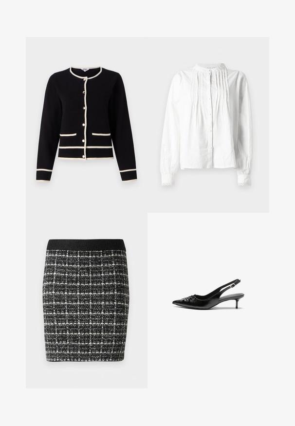 Black cardigan with white trim, featuring a round neck, long sleeves, button closure, and two front pockets. Soft texture.; White long-sleeve blouse with stand collar, vertical pleats on front, button closure, and lace-trimmed cuffs.; Black and white checkered skirt with a textured fabric, featuring a black waistband and a fitted silhouette.; Black leather slingback heels with a pointed toe, small kitten heel, and a decorative knot detail on the front. Smooth texture throughout.
